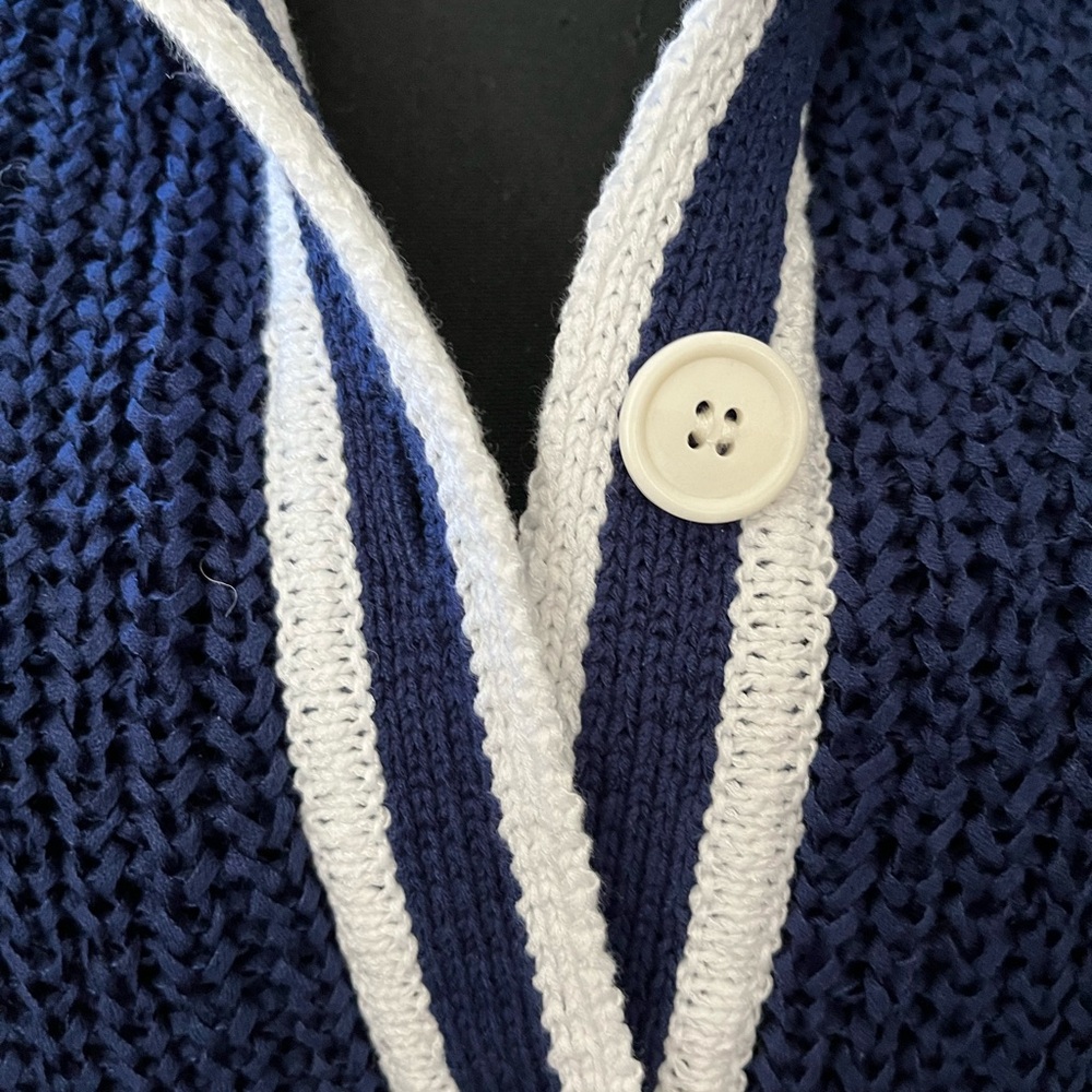 Navy Blue Knit Sweater with White Trim - Picture 4 of 11